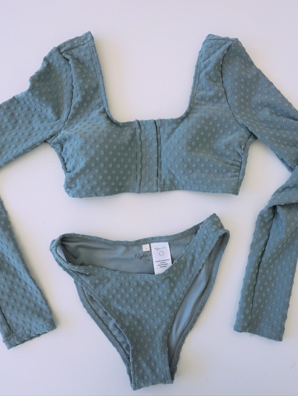 12 Rylee + Cru Textured Long-Sleeve Bikini Set in Beautiful Blue